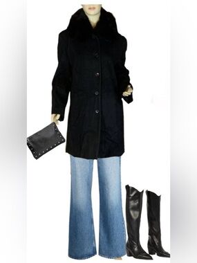 FLEET STREET BLACK WOOL W/FOX FUR COLLAR COAT (M)